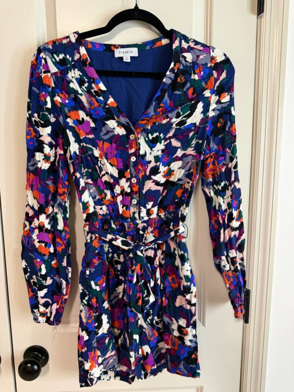 Evereve XS Floral Long Sleeve Romper | Tie Waist | Blue Multi